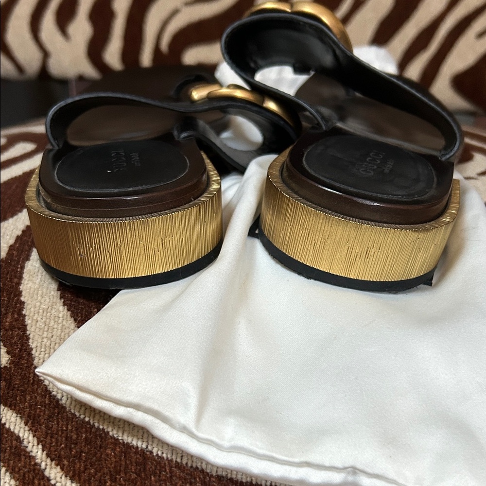 Gucci Black Marmont Sandals with Gold Heels - Picture 7 of 10